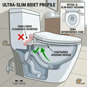 Side view of a slim profile bidet for curved toilet with zero tank interference.