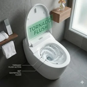 3D rendering of the high-efficiency Tornado Flush action inside a toto tankless toilet bowl.