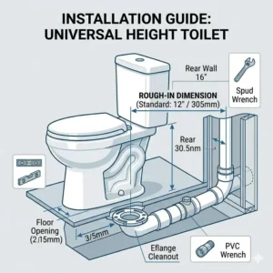 A detailed rough-in guide showing the standard 12-inch measurement for installing a universal height toilet.