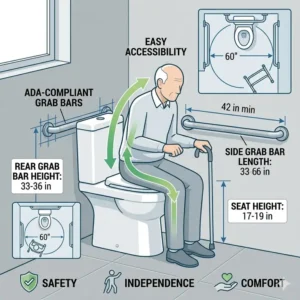 An accessible bathroom setup featuring a universal height toilet with safety grab bars for seniors.