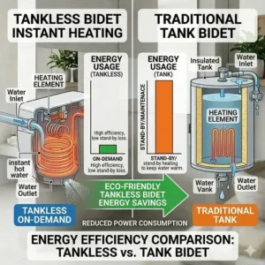 An energy efficiency chart comparing the low power consumption of a tankless bidet to standard models.