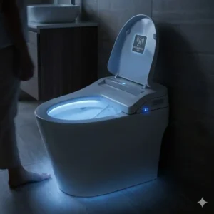 A nighttime view of a tankless toilet bidet featuring an integrated LED nightlight and automatic motion sensor.