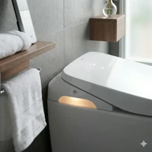 Smart sensor and LED nightlight features shown on a premium toto tankless toilet model.