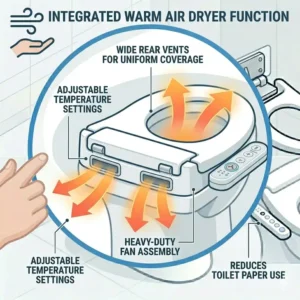 Visual representation of the integrated warm air dryer on a bariatric bidet.