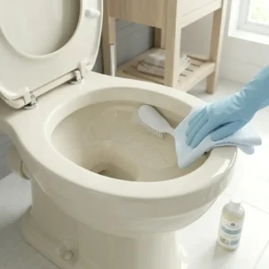A person wearing gloves cleaning the interior of a rimless floor mounted toilet.