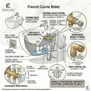 Cutaway view revealing the high-quality brass manifold and internal valves of a french curve bidet.