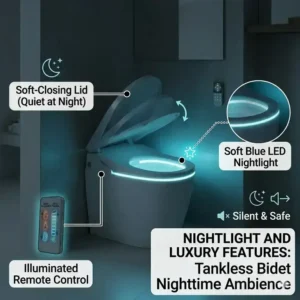 A nighttime view of a modern bathroom highlighting the built-in LED nightlight feature of a tankless bidet.