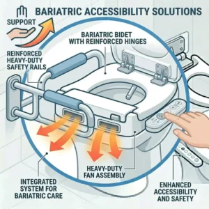 A bariatric bidet shown with reinforced safety rails for maximum accessibility.