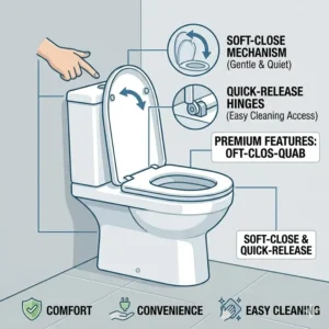 A close-up illustration of the slow-close seat hinge technology on a premium universal height toilet.