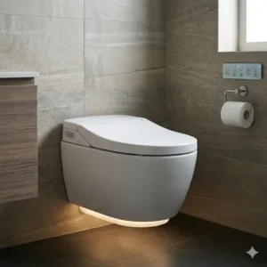 A contemporary bathroom showcasing a wall-mounted tankless toilet bidet for a clean and floating aesthetic.