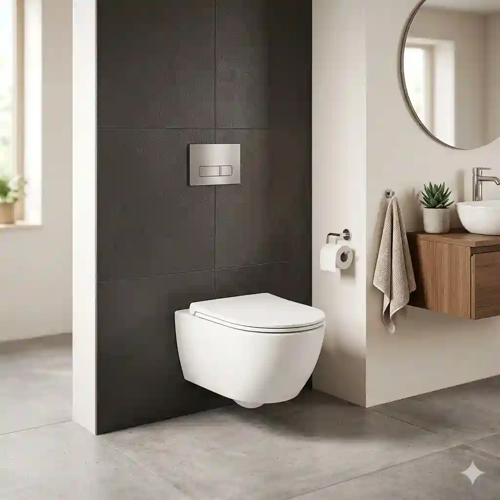 A sleek white wall mounted toilet bowl installed on a charcoal gray tiled wall in a luxury modern bathroom.