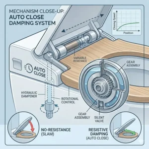 Technical diagram showing the internal hydraulic damper mechanism of an auto close toilet seat.
