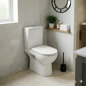 Front view of a classic ceramic floor mounted wc showing the bowl shape and base installation.