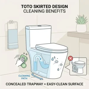 Illustration showing the smooth concealed trapway of a skirted toto toilet for easy cleaning.