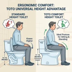 Illustration comparing a standard height toilet to a comfort height toto toilet, highlighting the ergonomic 17 to 19-inch seat height.