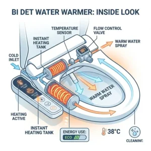 Infographic illustration showing the internal heating element of an electric bidet water warmer.