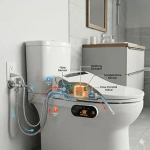 A technical diagram showing the heating element and water flow within a bidet water heater.