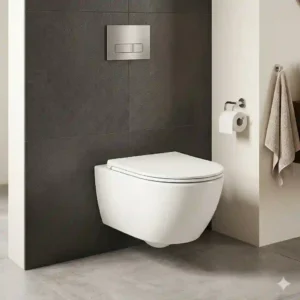 Illustration comparing a compact wall mounted toilet bowl to a traditional floor-mount model to show increased floor visibility.
