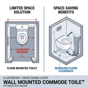 Technical illustration showing the space saving layout of a wall mounted commode toilet in a small bathroom.