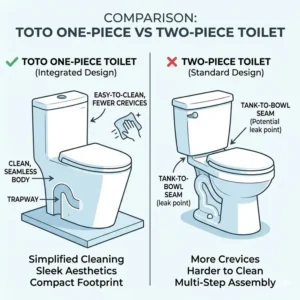 A side-by-side comparison diagram of a TOTO one piece toilet and a traditional two-piece model.