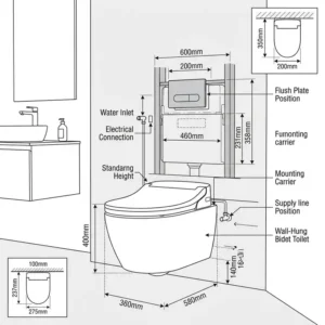 Technical illustration showing the standard height and installation dimensions for a wall hung bidet toilet frame.
