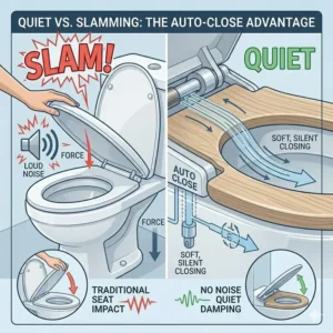 Illustration comparing a loud traditional slamming lid to a silent auto close toilet seat with motion arrows.
