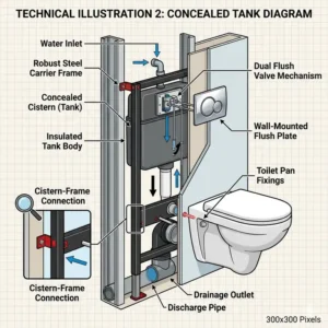 Cutaway diagram of an in wall cistern frame assembly for a wall mounted commode toilet.