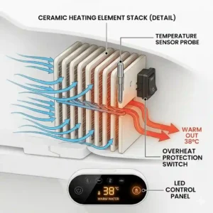 A comparison table showing the benefits of a bidet water heater compared to a non-electric bidet.
