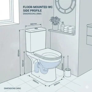 Side profile illustration of a floor mounted wc highlighting its compact design and distance from the wall.
