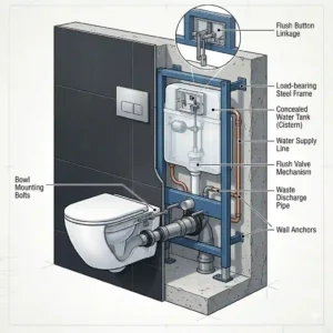 Technical diagram of a concealed cistern and steel support frame for a wall mounted toilet bowl installation.
