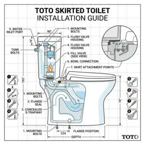 A technical drawing illustrating the side-profile installation of a skirted toto toilet model.