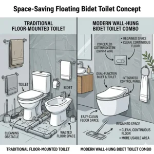 Concept illustration showcasing how a floating wall hung bidet toilet creates more floor space in a small bathroom.