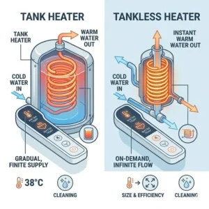 Comparison chart illustration showing hybrid heating versus instant tankless bidet water warmer systems.
