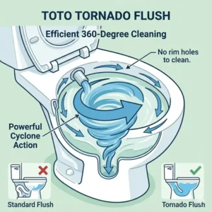 Technical illustration of the Tornado Flush system on a comfort height toto toilet showing efficient water flow.