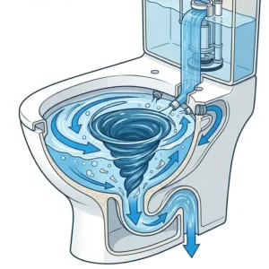 Technical illustration showing the powerful Tornado Flush system of a TOTO one piece toilet.