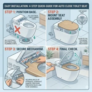 Infographic displaying a four-step quick installation guide for a top-mount auto close toilet seat.