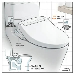 Close-up illustration of a TOTO Washlet electronic bidet seat mounted on a skirted toto toilet base.