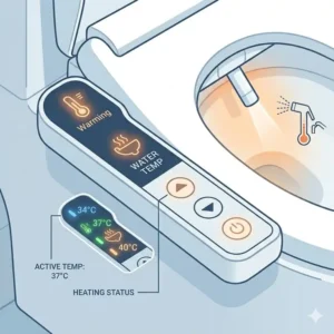 Vector illustration of a bidet remote control highlighting adjustable bidet water warmer temperature options.