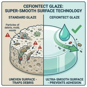Close-up diagram of the CEFIONTECT ceramic glaze on a comfort height toto toilet bowl preventing debris adhesion.