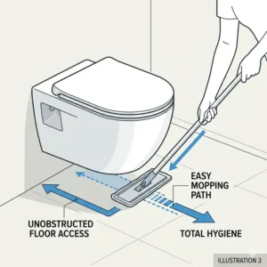 Line drawing illustrating easy floor cleaning under a floating wall mounted commode toilet