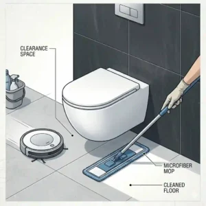 Illustration showing a cleaning mop passing under a wall mounted toilet bowl highlighting the easy-to-clean floor space.