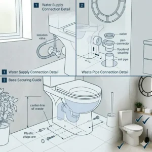 Technical diagram showing the plumbing connections and floor bolts for a standard floor mounted wc.