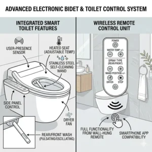 Illustration of an electronic wall hung bidet toilet highlighting smart spray functions and wireless remote control.
