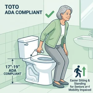 Illustration of an ADA compliant comfort height toto toilet showing the optimal height for seniors and mobility impaired users.