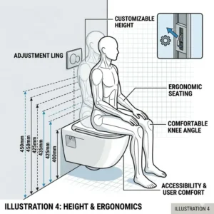 Graphic showing customizable installation heights for a comfortable wall mounted commode toilet setup.