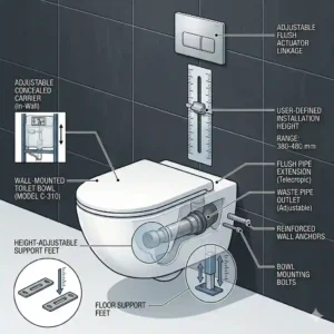 Diagram showing the various height adjustment options for a wall mounted toilet bowl to accommodate different user needs.