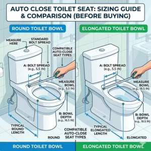 Measurement guide illustration showing how to size a round or elongated bowl before buying an auto close toilet seat.
