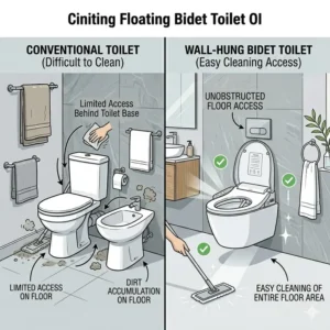 Graphic showing a mop easily cleaning the open floor space underneath a wall hung bidet toilet.