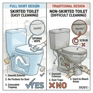 Side-by-side comparison illustration of a skirted toto toilet versus a traditional exposed trapway model.