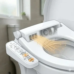 Illustration showing the warm air dryer function of a japanese wc bidet.